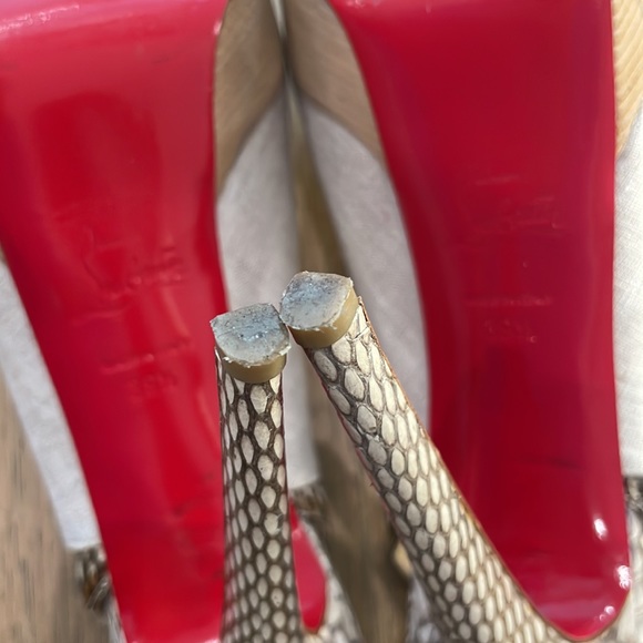 Christian Louboutin Fine Bretelle 140 Naturalle Rocco’s Snakeskin Canvas Heels - Picture 6 of 8